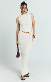 Cream Two-Piece Set: Asymmetric Top and Maxi Skirt